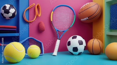 Collection of vibrant gear including tennis racket basketball football and soccer ball symbolizing sports diversity