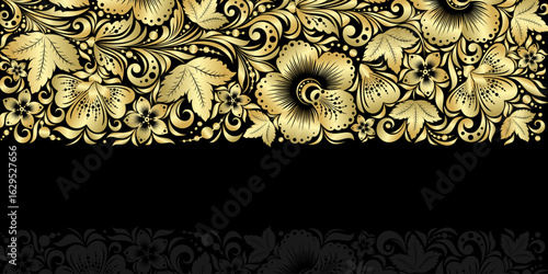 Golden floral decoration. Khokhloma painting. Vector ornamental background.