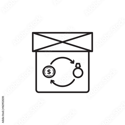 Minimal line icon of ETF (Exchange Traded Fund), showing coin and ring exchange cycle in a box, representing diversified investment, trading, financial products, and stock market instruments.