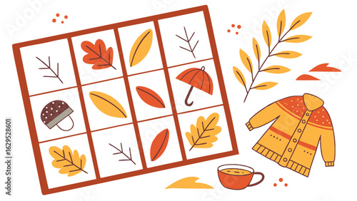 Illustration of autumn themed items in a grid with a sweater and tea cup on a white background