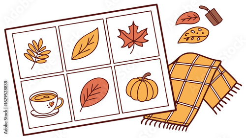 Autumn themed bingo card with leaves pumpkin coffee and a blanket for seasonal activities and games fun