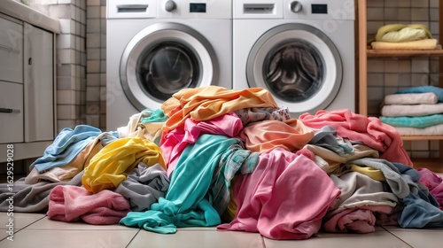 Laundry piles fill the floor of a bright basement laundry room with washing machines in the background and colorful clothes everywhere