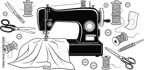 Vintage sewing machine with threads, scissors, and buttons art