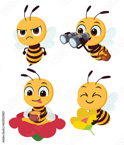 Cute bee mascot cartoon with different expression