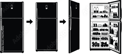 Modern refrigerator shown closed, side view, and fully stocked open