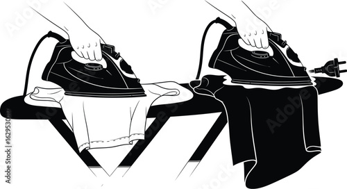 Hands ironing clothes on board, domestic chore, modern convenience