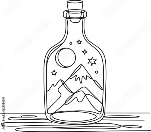 Continuous one line drawing of a mountain landscape enclosed inside a bottle with stars and a crescent moon above, minimalist black art