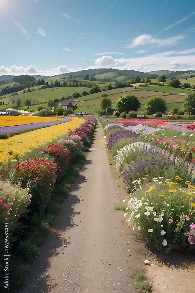 Naklejka premium Colorful flowerbeds line a dirt path leading to rolling green hills under a bright summer sky.
