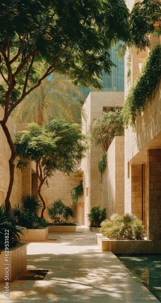 Naklejka premium Sunny courtyard with beige buildings and lush greenery