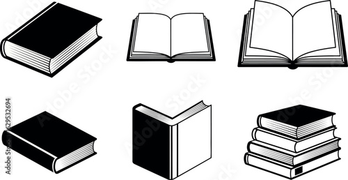 Vector art of collection of various book illustrations, including open and closed volumes, stacks, and individual books, isolated on white background transparent background