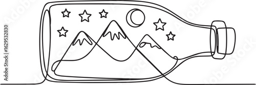 Continuous one line drawing of a mountain landscape enclosed inside a bottle with stars and a crescent moon above, minimalist black art