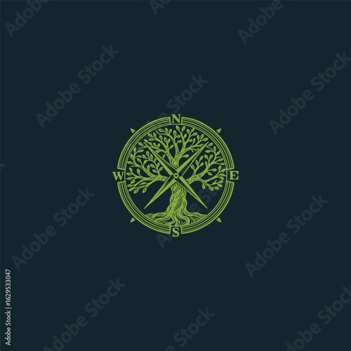 Tree compass logo style icon design template vector illustration
