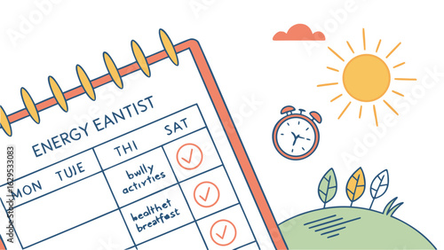 Illustration of energy eantist calendar with sun clock and hill with trees in the background view outdoors