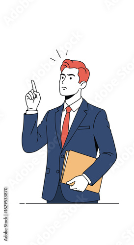 A thoughtful businessman with red hair in a dark blue suit and tie raises his index finger with an idea lightbulb above his head while holding a folder