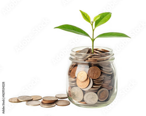 Plant growing from a jar full of coins isolated on transparent background