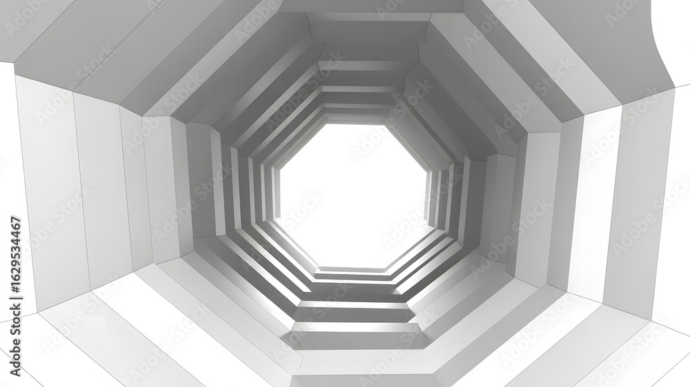 Fototapeta premium Geometric Tunnel: A perspective view of a modern tunnel design, emphasizing a sequence of geometric shapes that leads towards the light, creating a sense of depth and abstract allure.