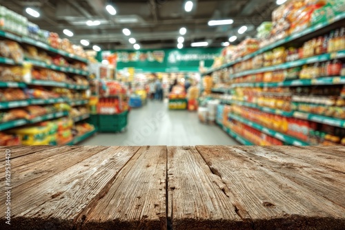 Grocery store aisle, blurred background, wooden table