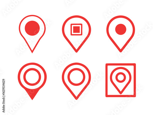 Six red map pointer icons with different designs on a white background location pin navigation icon.eps
