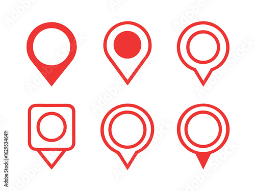 Six red map pointer icons with different designs on a white background location pin navigation icon_1.eps