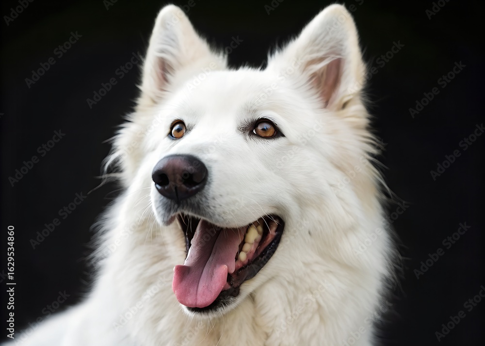 Fototapeta premium Close - up of Big White Dog, Vivid Expression with Open Mouth and Tongue, for Pet Promotion, Cute Pet Design, Emotion Conveyance, Animal Photography Material