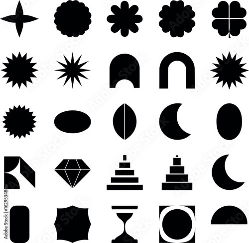Vector art of collection of abstract geometric shapes and minimalist design elements, including stars, arches, moons, diamonds, and more, isolated on white background transparent background