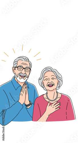 Elderly couple expressing gratitude joyfully with warm smiles and appreciative gestures