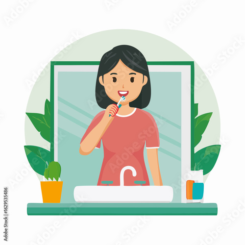 Vector illustration of a person brushing their teeth in the morning, clean bathroom background, daily hygiene routine, flat design
