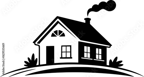 Black and white illustration of a house with smoke coming from the chimney home building