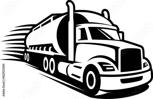Black and white illustration of a speeding tanker truck transport vehicle