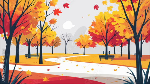 Serene autumn park with golden leaves covering the ground and warm sunlight filtering through colorful trees
