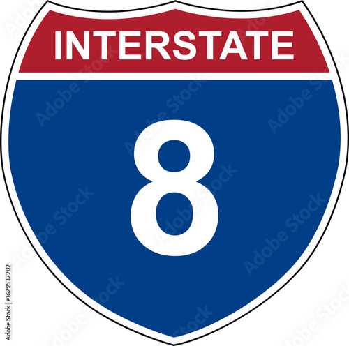 Interstate 8. Interstate highway sign. Road number. Signpost indicating route numbers in the U.S. Interstate Highway System. Even numbers run west to east. Odd numbers run north to south.