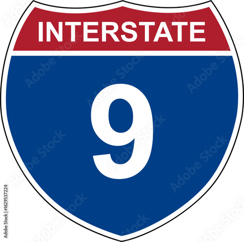 Interstate 9. Interstate highway sign. Road number. Signpost indicating route numbers in the U.S. Interstate Highway System. Even numbers run west to east. Odd numbers run north to south.