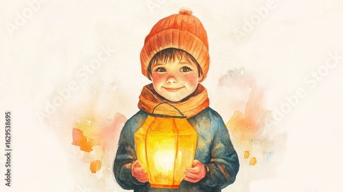 Young caucasian child holding lantern in warm attire on a winter evening. St. Martin's Day