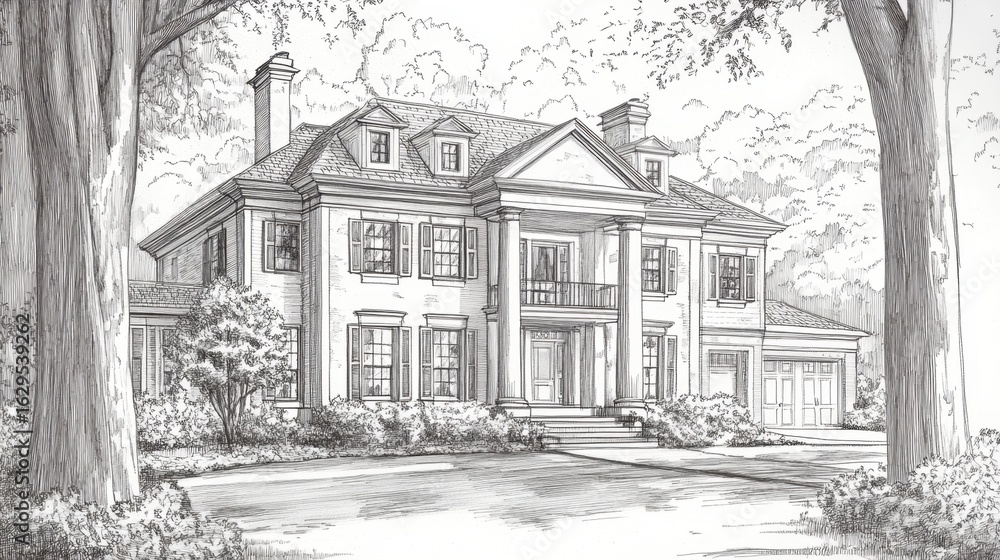 Obraz premium Elegant colonial mansion with classic architecture and front porch