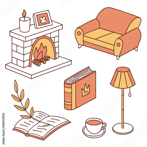 Illustration of a cozy living room scene with fireplace, sofa, book, lamp and a cup of tea depicted