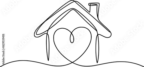 House heart continuous line drawing love home