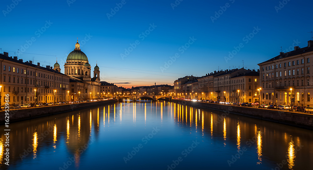 Fototapeta premium Scenic Cityscape with Illuminated Dome and Reflections on River at Dusk