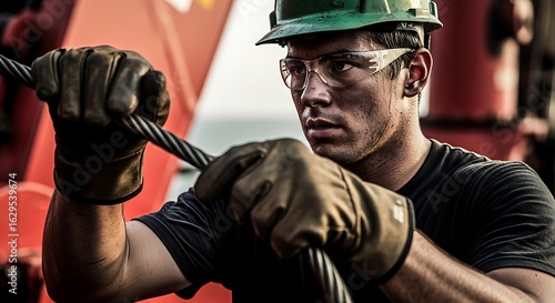 A determined young industrial worker wearing a hard hat and safety glasses grips a thick steel cable.