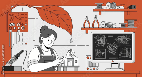 Sustainable design concept featuring a woman creating a miniature eco friendly building model