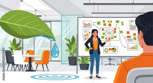 Sustainable Business Presentation: Environmentally Conscious Strategy Meeting in Modern Office