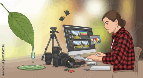Digital artist retouching a nature photograph with professional photography equipment and modern