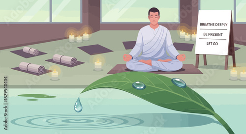 Serene meditation retreat featuring a yogi, calming ambiance and nature inspired serenity
