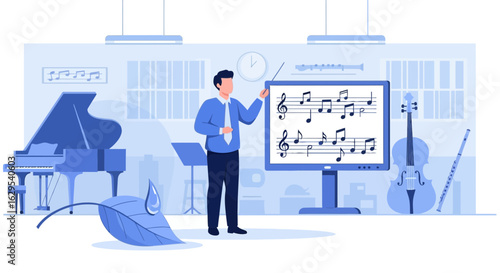 An illustration of a music teacher explaining musical notes using a digital screen in a music room