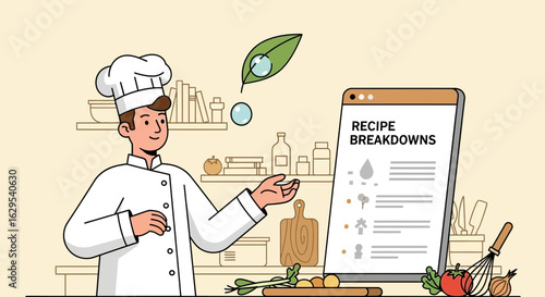 Chef presenting recipe breakdowns on a digital device in a kitchen setting illustration