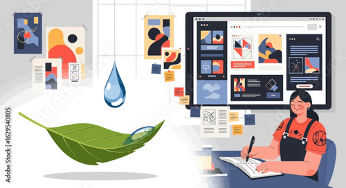 Graphic designer working on a sustainable and eco-friendly design project creatively