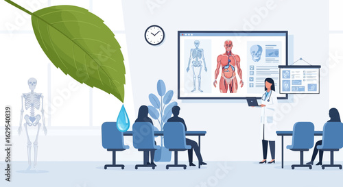 Doctor presenting natural medicine benefits to students with leaf and human anatomy
