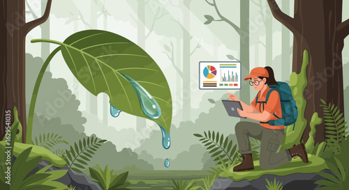 A botanist studies a leaf using technology in a misty forest environment for scientific research