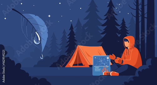 Modern camping trip illustration showing nature and modern technology combined seamlessly