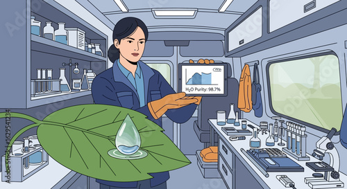 Illustration showcasing a scientist analyzing water purity in a mobile laboratory setup