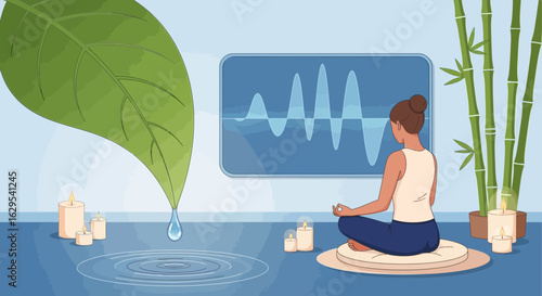 Serene meditation scene with woman lotus position surrounded by elements nature
